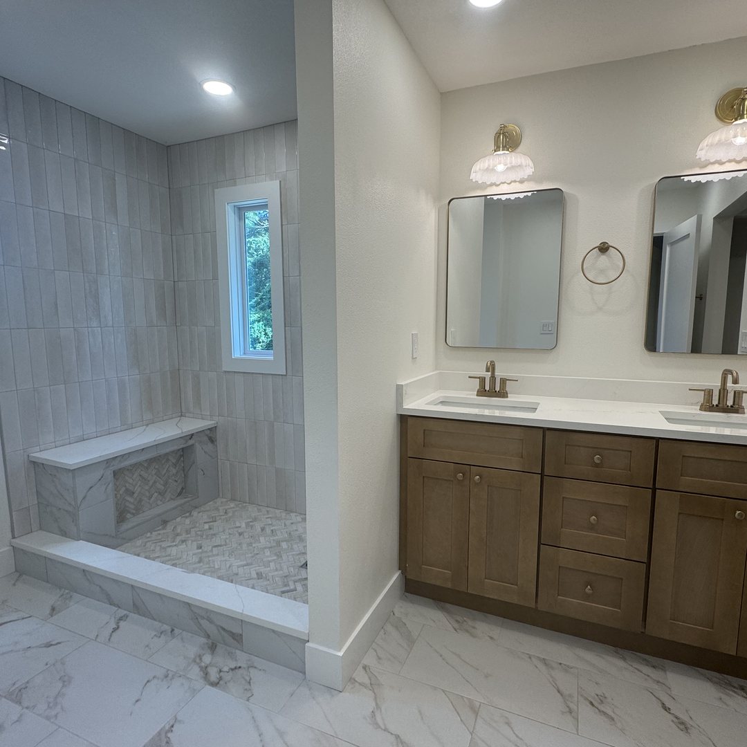 Primary bathroom renovation with walk-in shower and double vanity, New Port Richey, FL